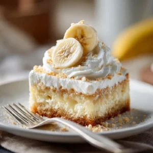 Serving slice of banana pudding poke cake