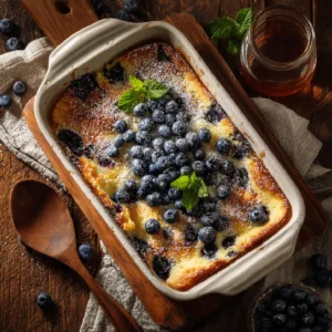 Blueberry buttermilk pancake casserole in white dish