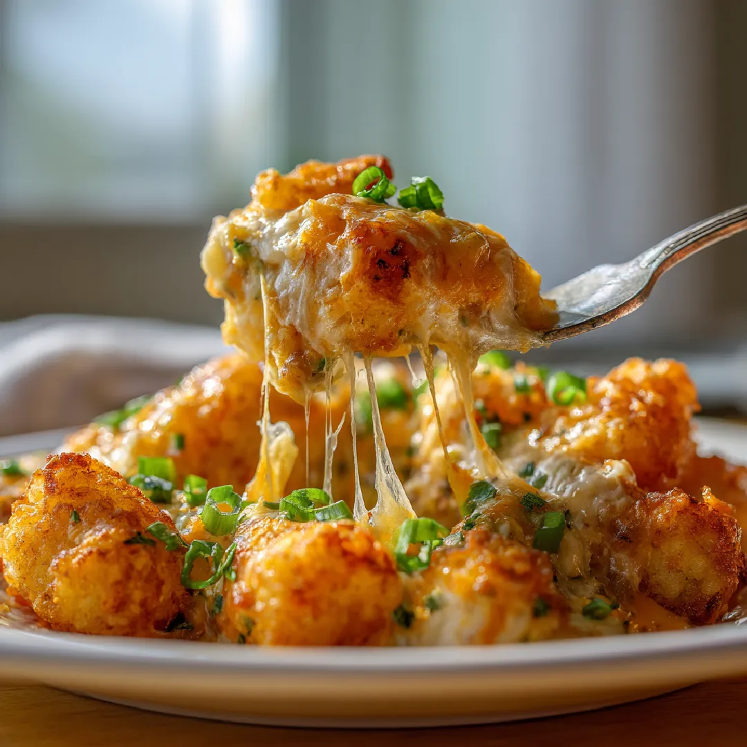 cheesy-chicken-tater-tot-casserole-served serving of cheesy chicken and tater tot casserole on plate