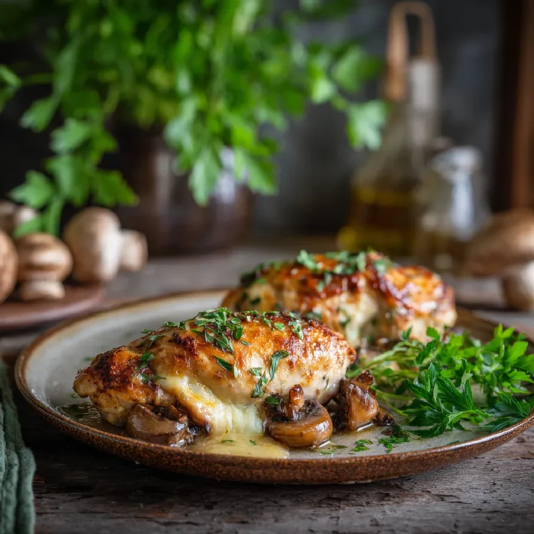 Cheesy Garlic Butter Mushroom Stuffed Chicken That’s Easy & Delicious 3 Cheesy garlic butter mushroom stuffed chicken served hot