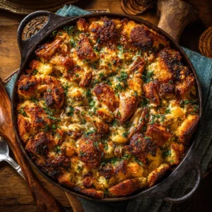Dolly’s chicken and stuffing casserole in a baking dish
