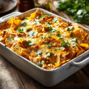 Dorito chicken Mexican casserole in baking dish