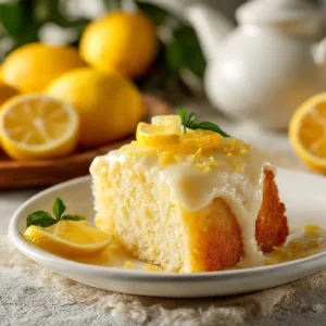 lemon poke pudding cake in dish