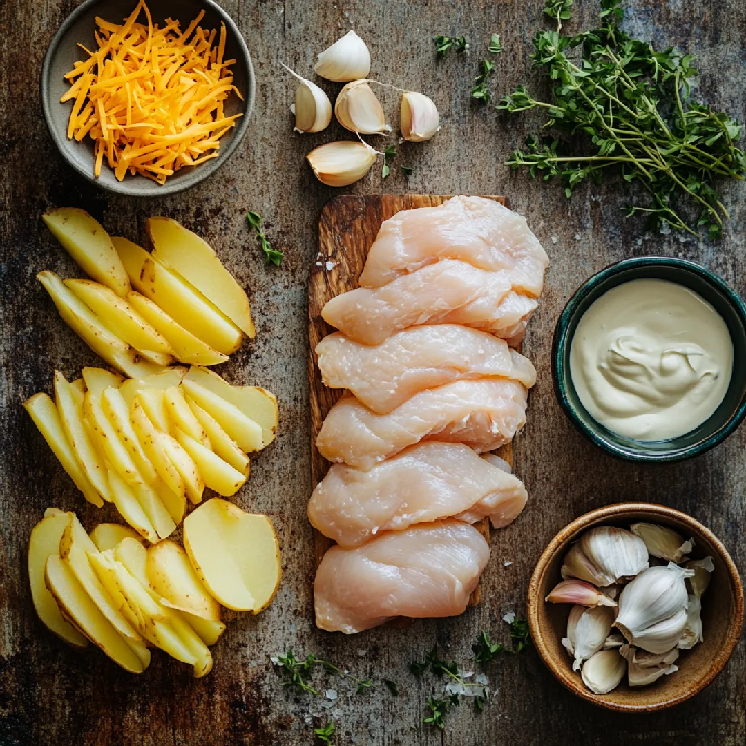 potato-chicken-casserole-ingredients potato and chicken casserole ingredients flat lay