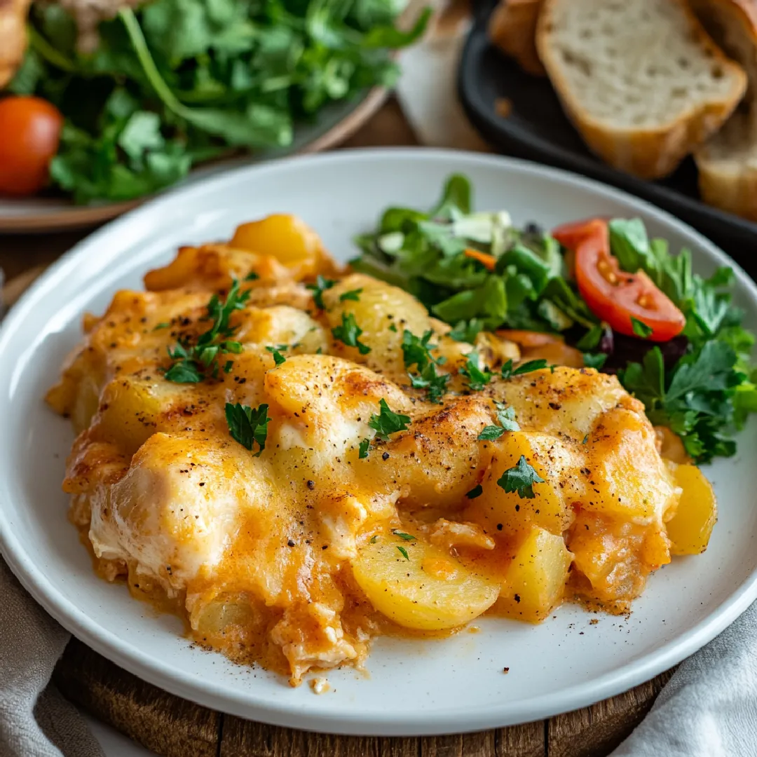potato-chicken-casserole-serving potato and chicken casserole plated with salad