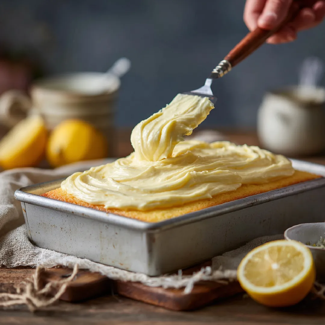 spread-lemon-pudding-cake spreading pudding on lemon cake