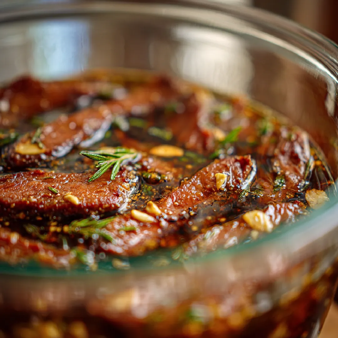 steak-marinate-honey-glaze steak strips marinating in honey glaze