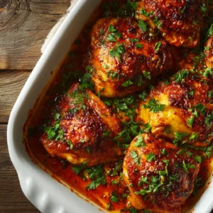 Baked chicken with buffalo sauce in baking dish