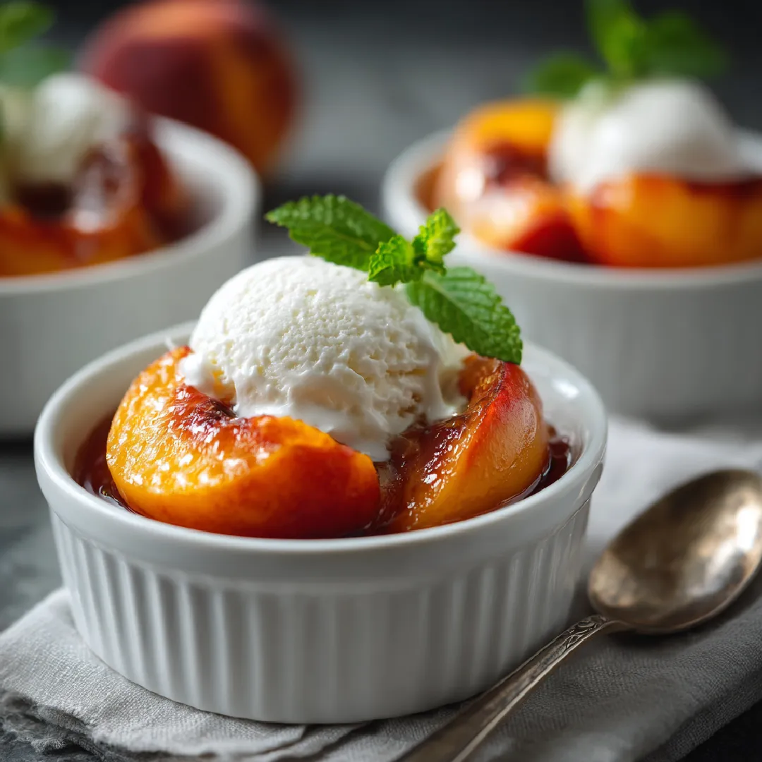 baked-peaches-serving serving baked peaches with ice cream