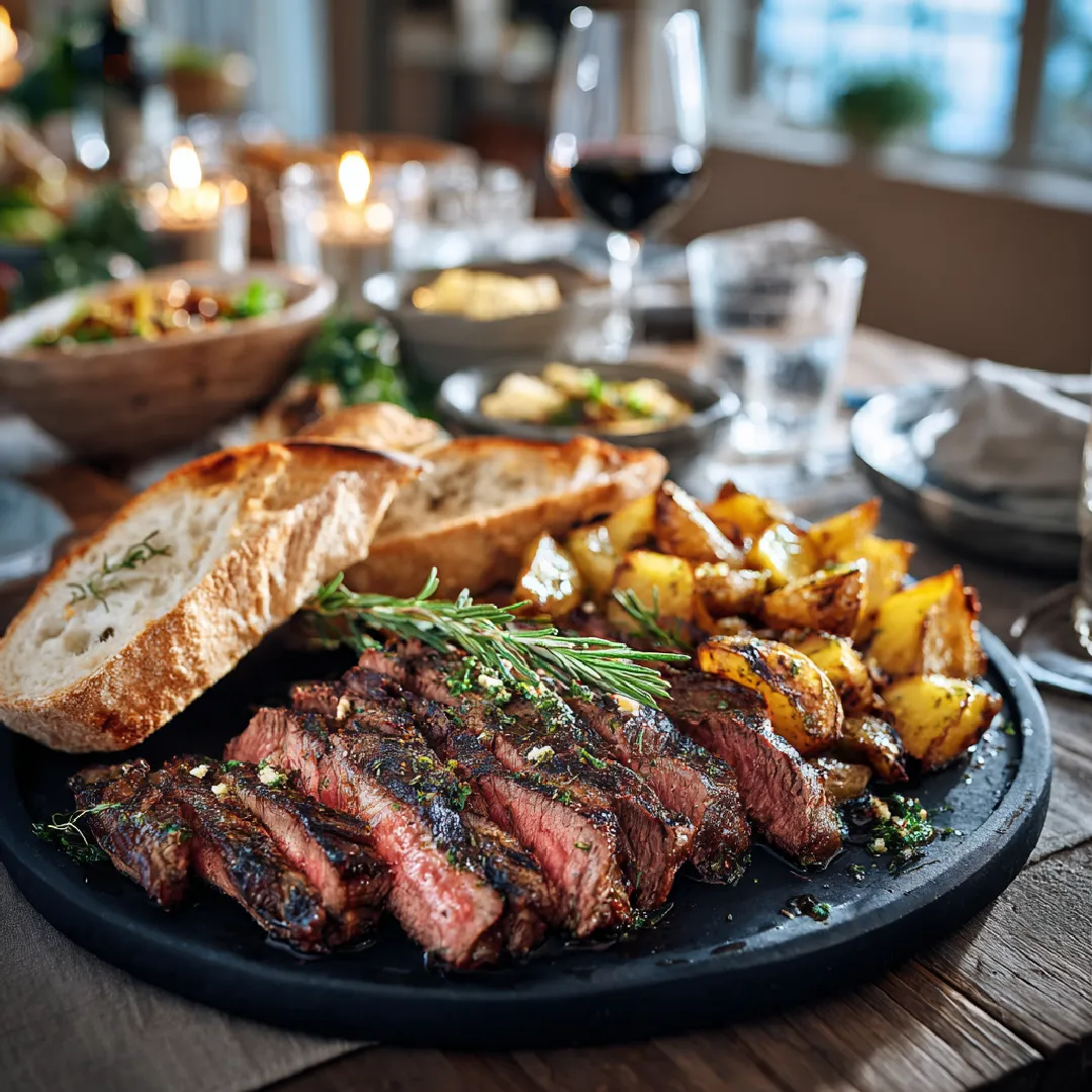 bavette-steak-tagliata-family-style Bavette steak tagliata served family-style on Italian dinner table