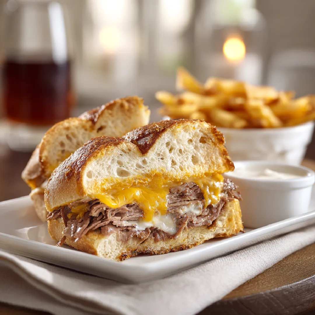 beef-cheddar-sandwich-served Copycat Arby’s Beef Cheddar sandwich served with fries