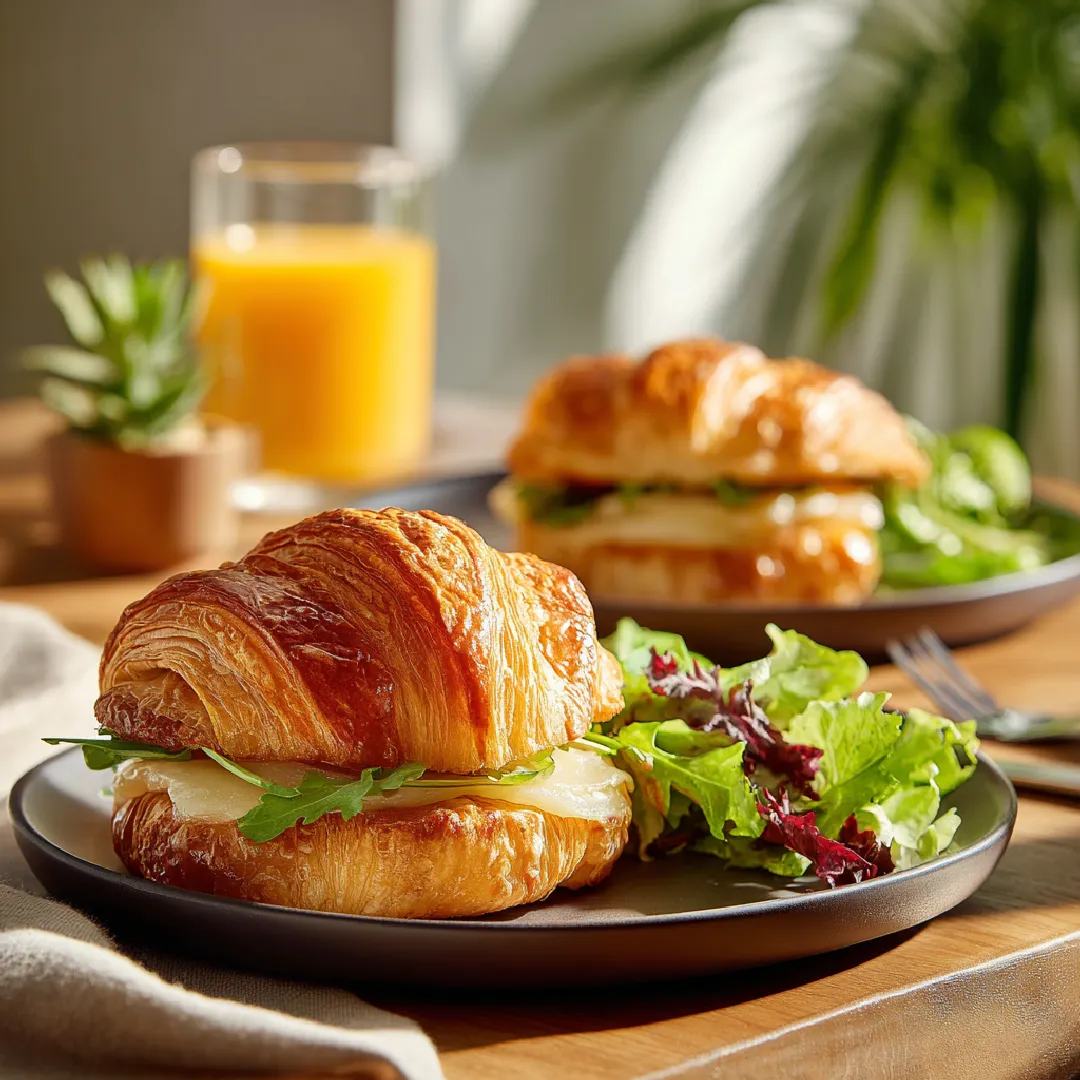 breakfast-croissant-sandwich-plate Served croissant sandwiches with juice