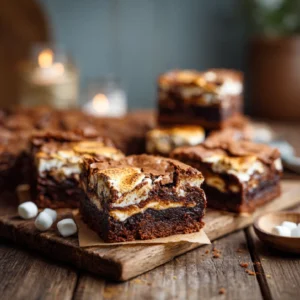 Brownie s’more bars with gooey marshmallow topping and chocolate brownie layer