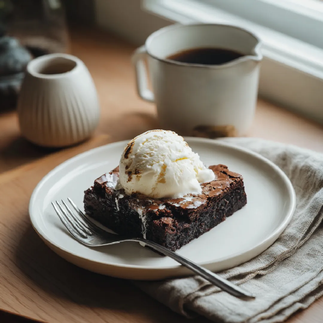 brownie-smore-bars-serving Plated brownie s’more bars with scoop of vanilla ice cream on rustic table