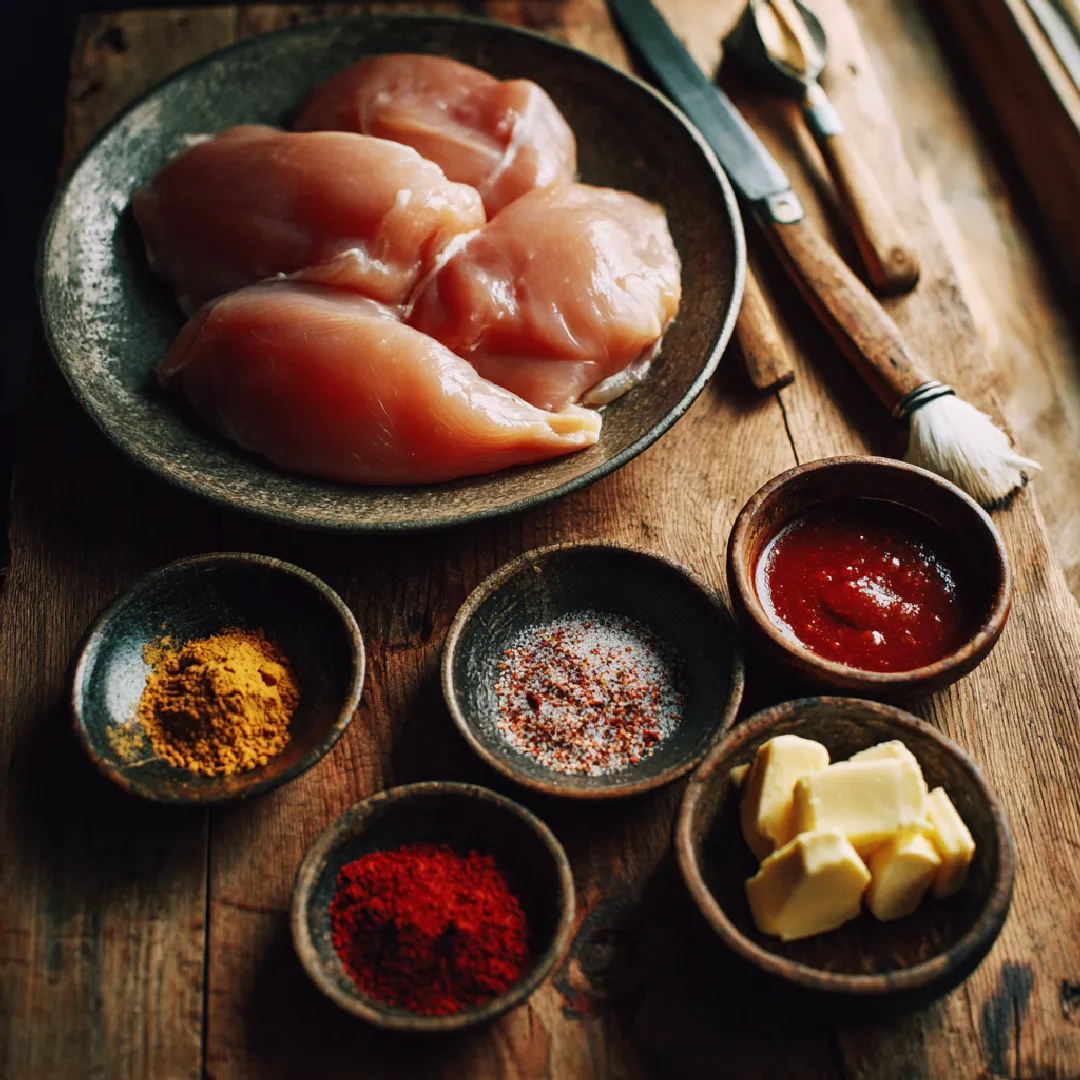buffalo-chicken-ingredients-flatlay Ingredients for baked chicken with buffalo sauce