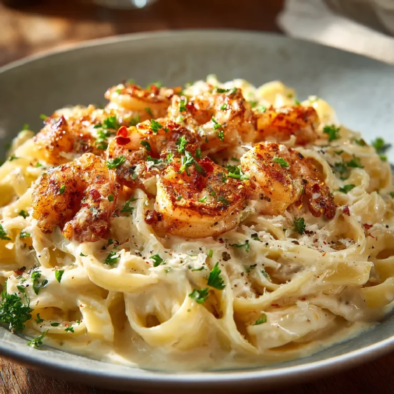 Cajun Shrimp Fettuccine Alfredo 3 Cajun Shrimp Fettuccine Alfredo with creamy sauce and spicy shrimp