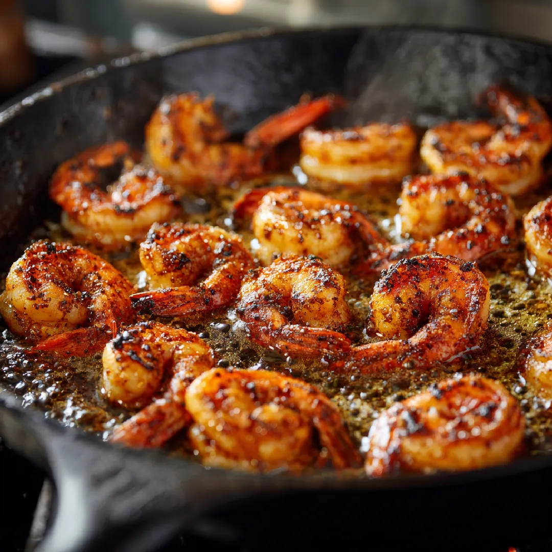 cajun-shrimp-in-pan Cajun shrimp searing in a skillet for Fettuccine Alfredo