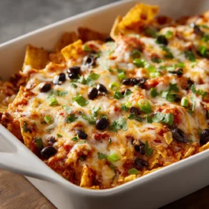 Chicken taco casserole recipe with melty cheese and tortilla chips