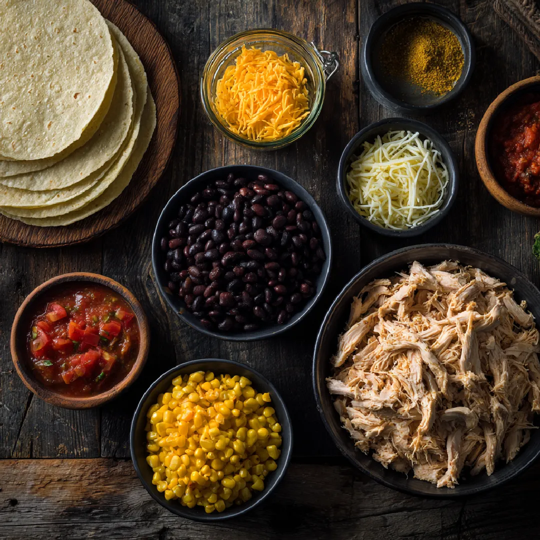 chicken-taco-casserole-ingredients Ingredients for chicken taco casserole recipe laid out flat
