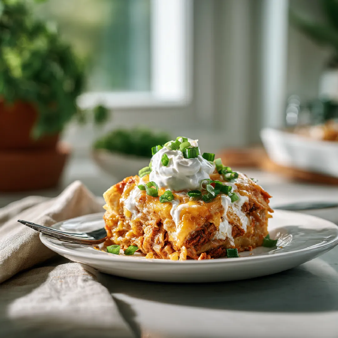 chicken-taco-casserole-serving Served chicken taco casserole slice with toppings