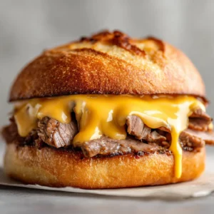 Copycat Arby’s Beef Cheddar sandwich on toasted bun