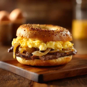 Copycat McDonalds Steak Egg Cheese sandwich on bagel