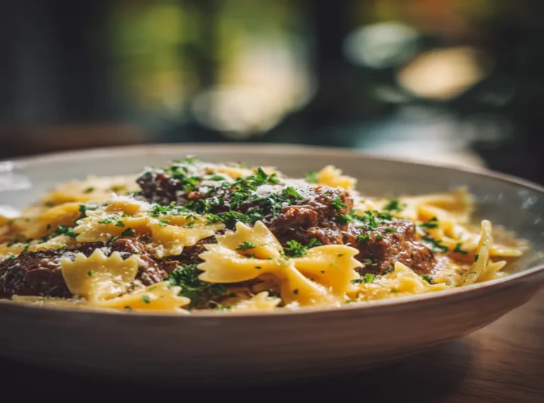 Creamy Parmesan Beef and Bowtie Pasta 3 Creamy parmesan beef and bowtie pasta in a bowl