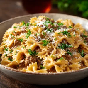 Creamy parmesan beef and bowtie pasta in white bowl