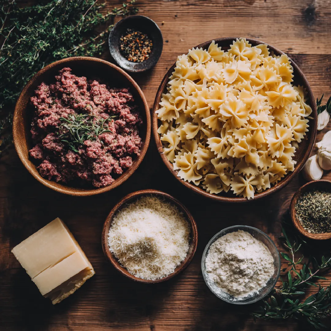 creamy-parmesan-beef-ingredients Ingredients for creamy parmesan beef and bowtie pasta