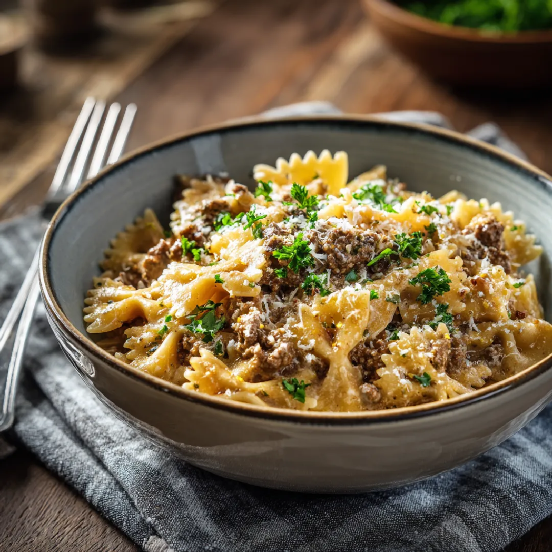 creamy-parmesan-beef-serving. Bowl of creamy parmesan beef and bowtie pasta with garnish