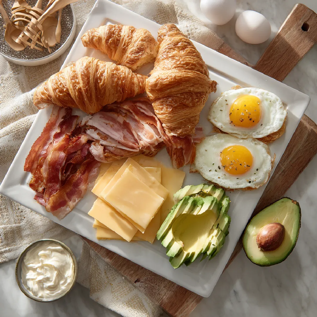 croissant-sandwich-ingredients Croissant sandwich ingredients flat lay