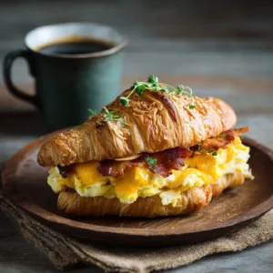 Easy breakfast croissant sandwich with bacon and eggs