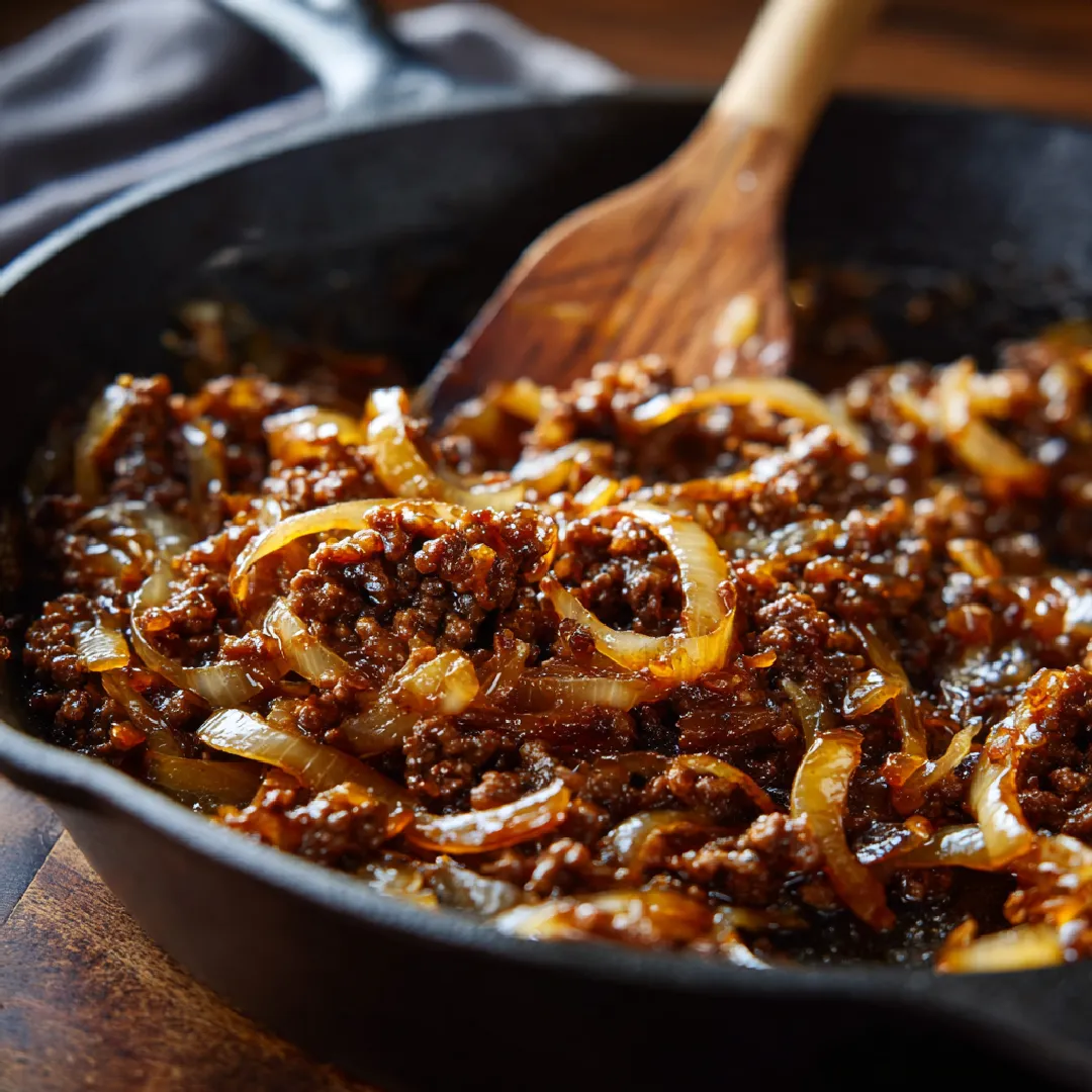 french-onion-sloppy-joes-cooking cooking french onion beef sloppy joes in skillet