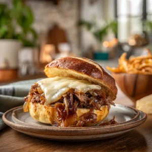 french onion sloppy joes sandwich on brioche bun