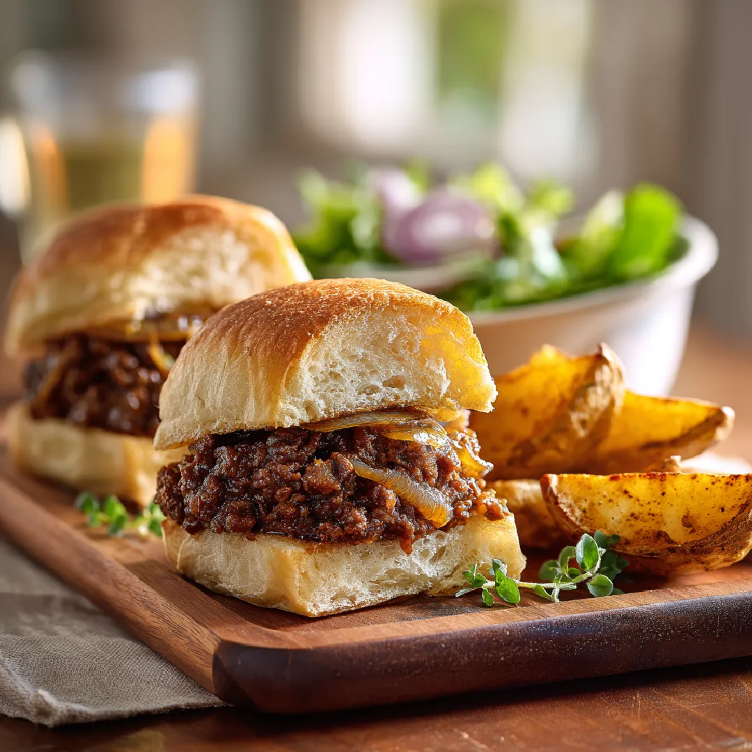 french-onion-sloppy-joes-serving french onion sloppy joes with potato wedges