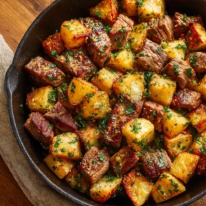 Garlic Butter Steak and Potatoes in cast iron skillet