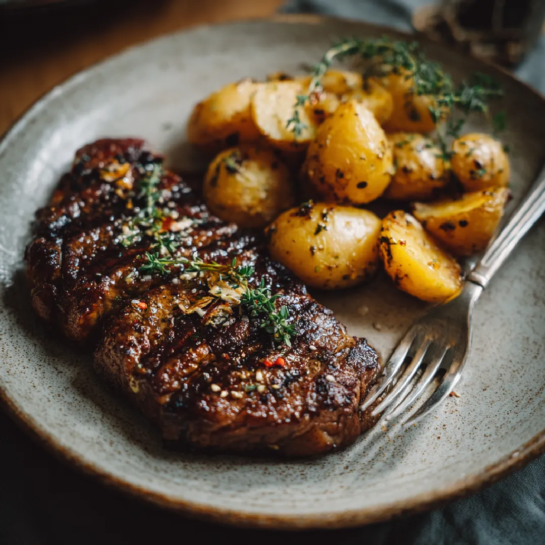garlic-butter-steak-and-potatoes-serving Garlic Butter Steak and Potatoes plated with garnish