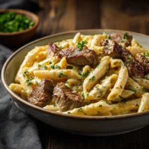 Garlic butter steak bites with spicy Cajun Alfredo penne