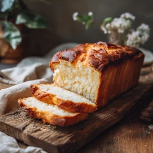 Ice Cream Bread Recipe 2 Ice cream bread loaf sliced with golden crust on a wooden board