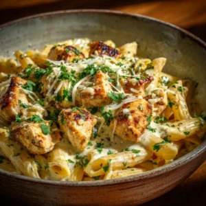 Parmesan chicken penne pasta in rustic bowl