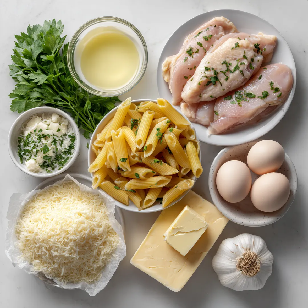 parmesan-chicken-penne-ingredients Ingredients for parmesan chicken penne pasta