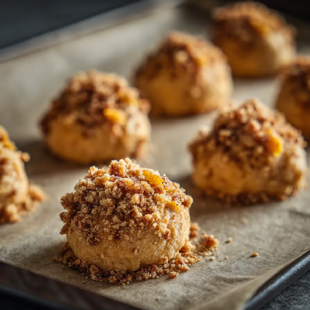 peach-cobbler-cookies-dough Peach cobbler cookie dough topped with cinnamon streusel