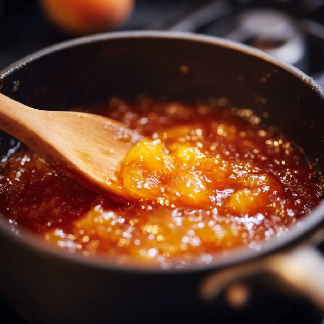 peach-jam-cooking Peach jam simmering on stove