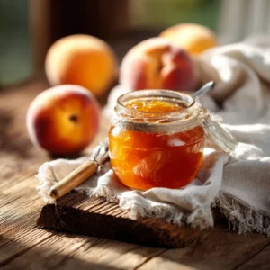 Homemade peach jam in a jar with fresh peaches