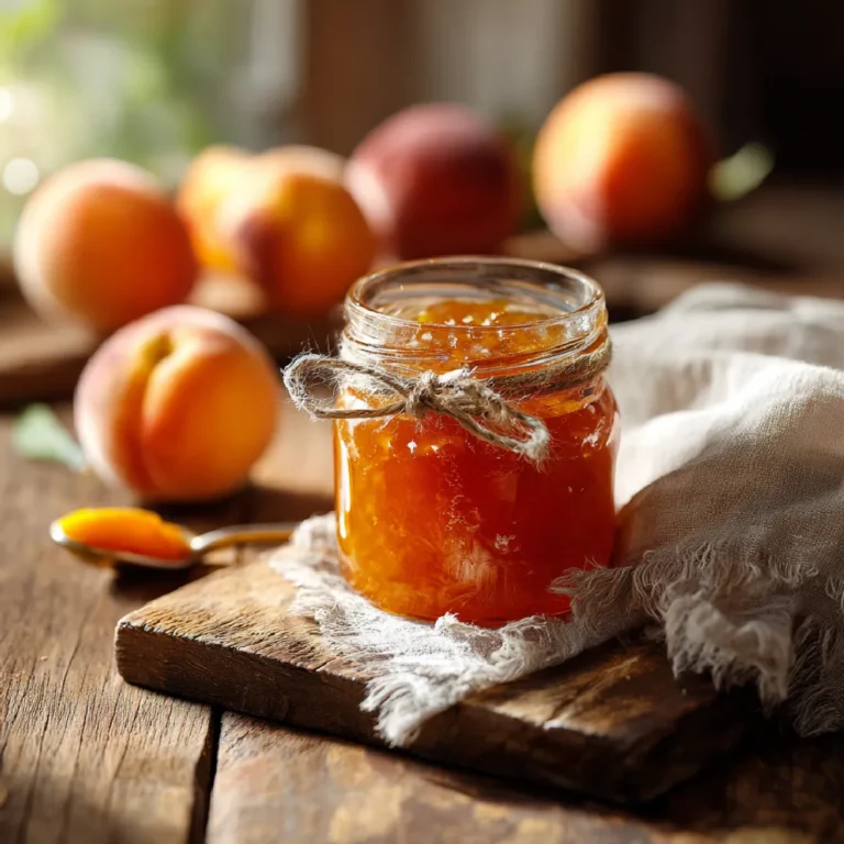 Peach Jam Recipe 3 Rustic peach jam jar with fresh sliced peaches