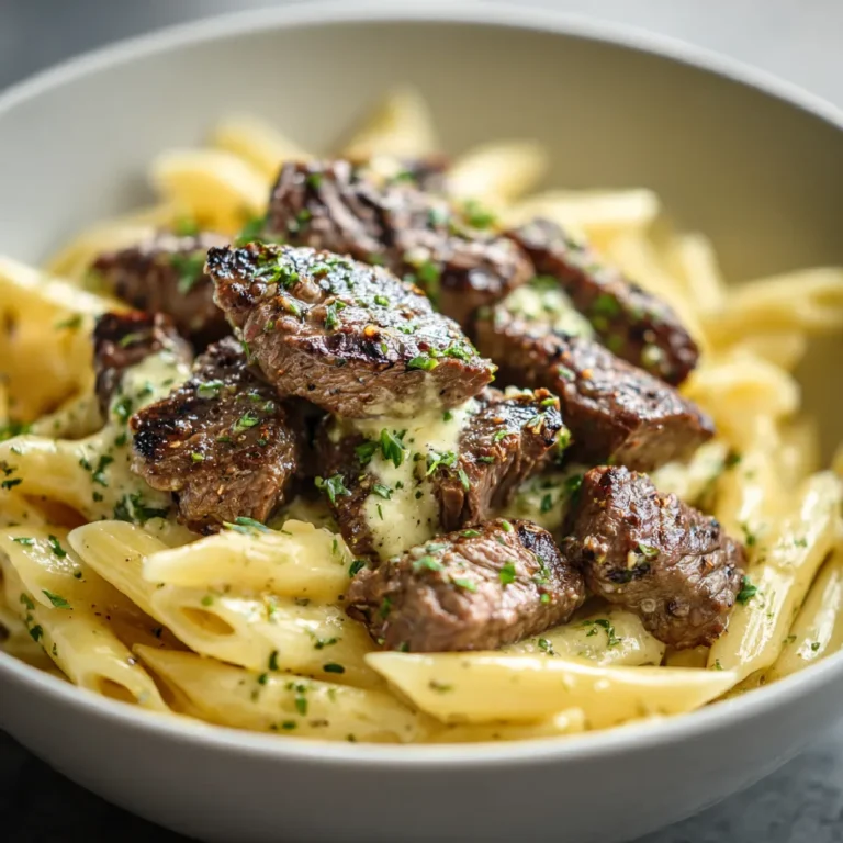 Garlic Butter Steak Bites with Spicy Cajun Alfredo Penne 3 Garlic butter steak bites with Cajun Alfredo penne served