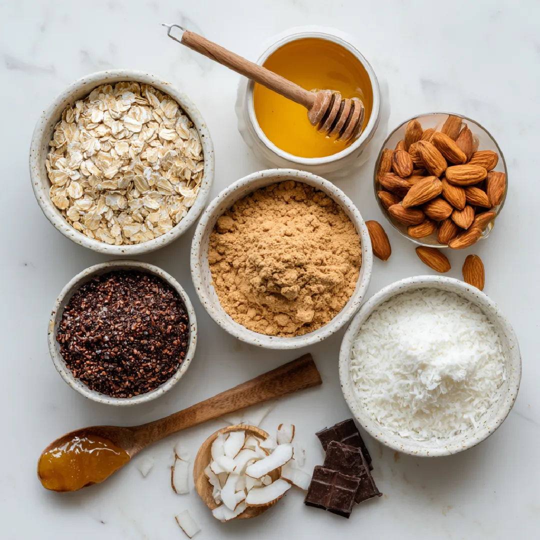 protein-bar-ingredients- Ingredients for coconut and chocolate protein bars