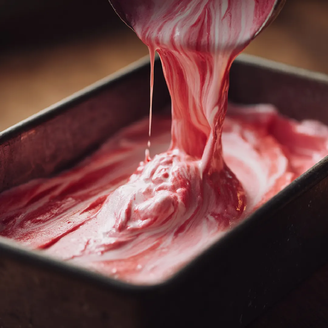 rhubarb-ice-cream-recipe-step4 Swirling rhubarb compote into ice cream base in a loaf pan