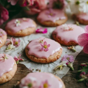 rhubarb shortbread cookies with pink icing