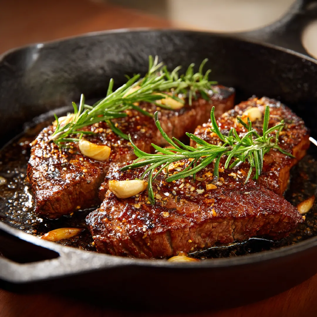 searing-bavette-steak Bavette steak searing in cast iron skillet